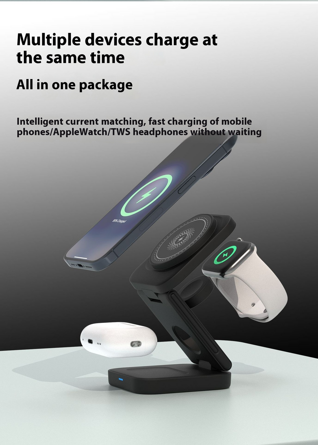 C&M treasures 3-in-1 foldable wireless charger with phone, watch, and earbud charging pads, compact and portable design