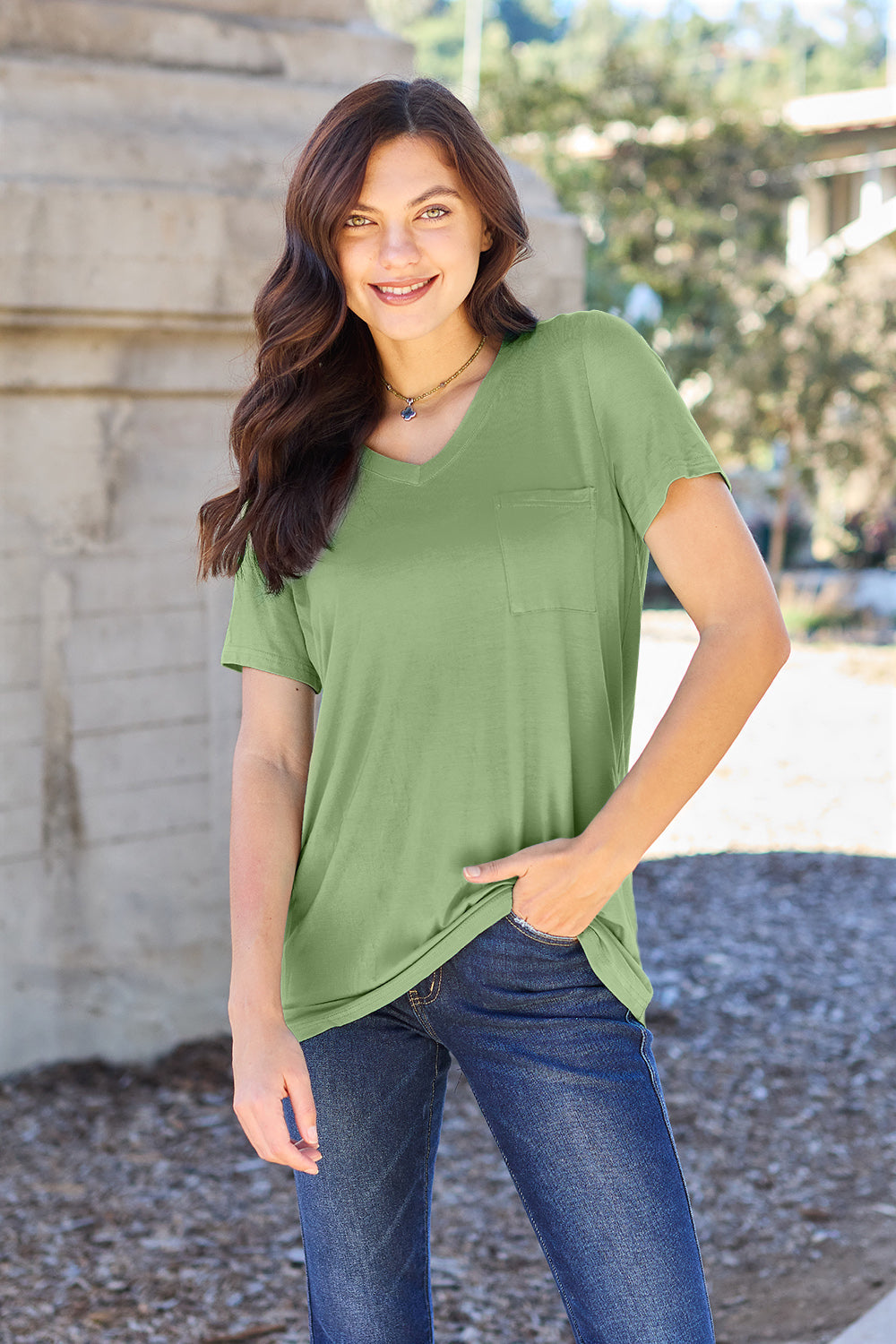 ShopBasicbae bamboo V-neck short sleeve T-shirt, full size, soft and breathable tops for casual wear, with a relaxed fit and natural fabric.