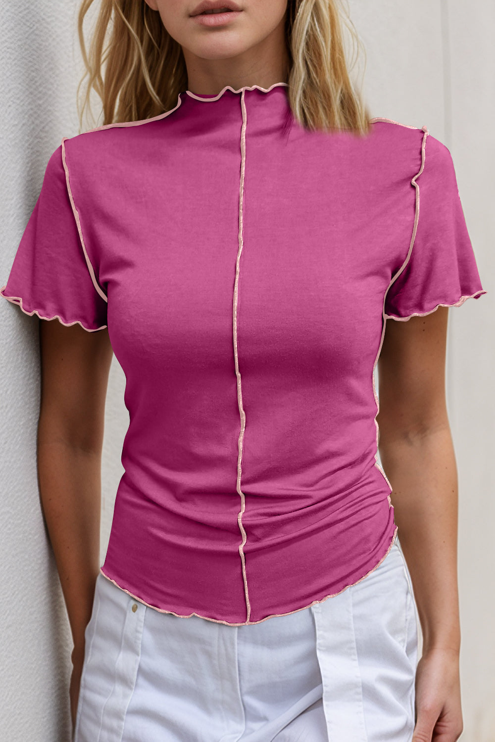 ShopBasicbae Basic Bae contrast trim mock neck short sleeve T-shirt, black with white trim, casual tops for women.