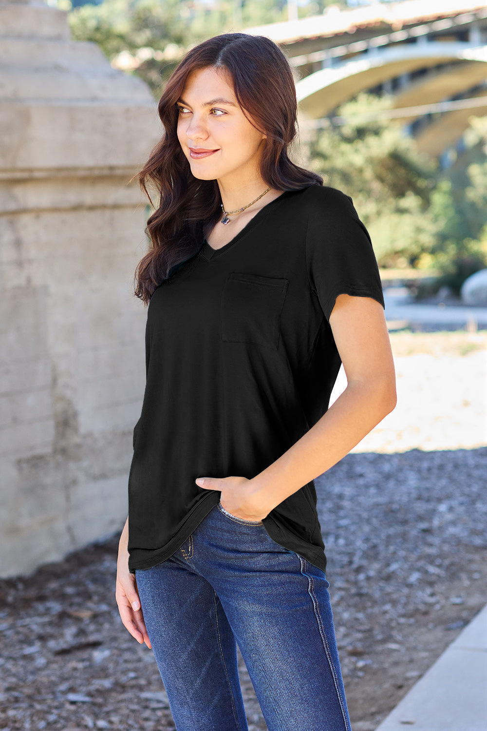 ShopBasicbae Basic Bae Bamboo V-Neck Short Sleeve T-Shirt, full-size bamboo top in a natural V-neck style, shown in a casual fit.