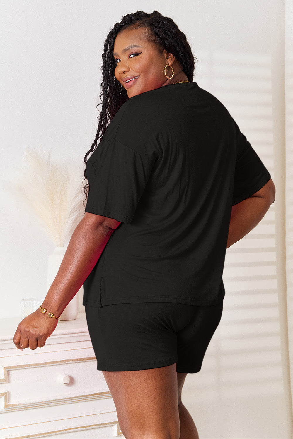 ShopBasicbae Basic Bae soft rayon half sleeve top and shorts set, full size, casual loungewear with comfortable fit.