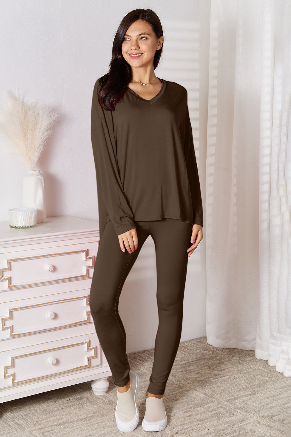 ShopBasicbae bamboo lounge set with full-size v-neck long sleeve top and matching pants, comfortable and stylish for relaxing.