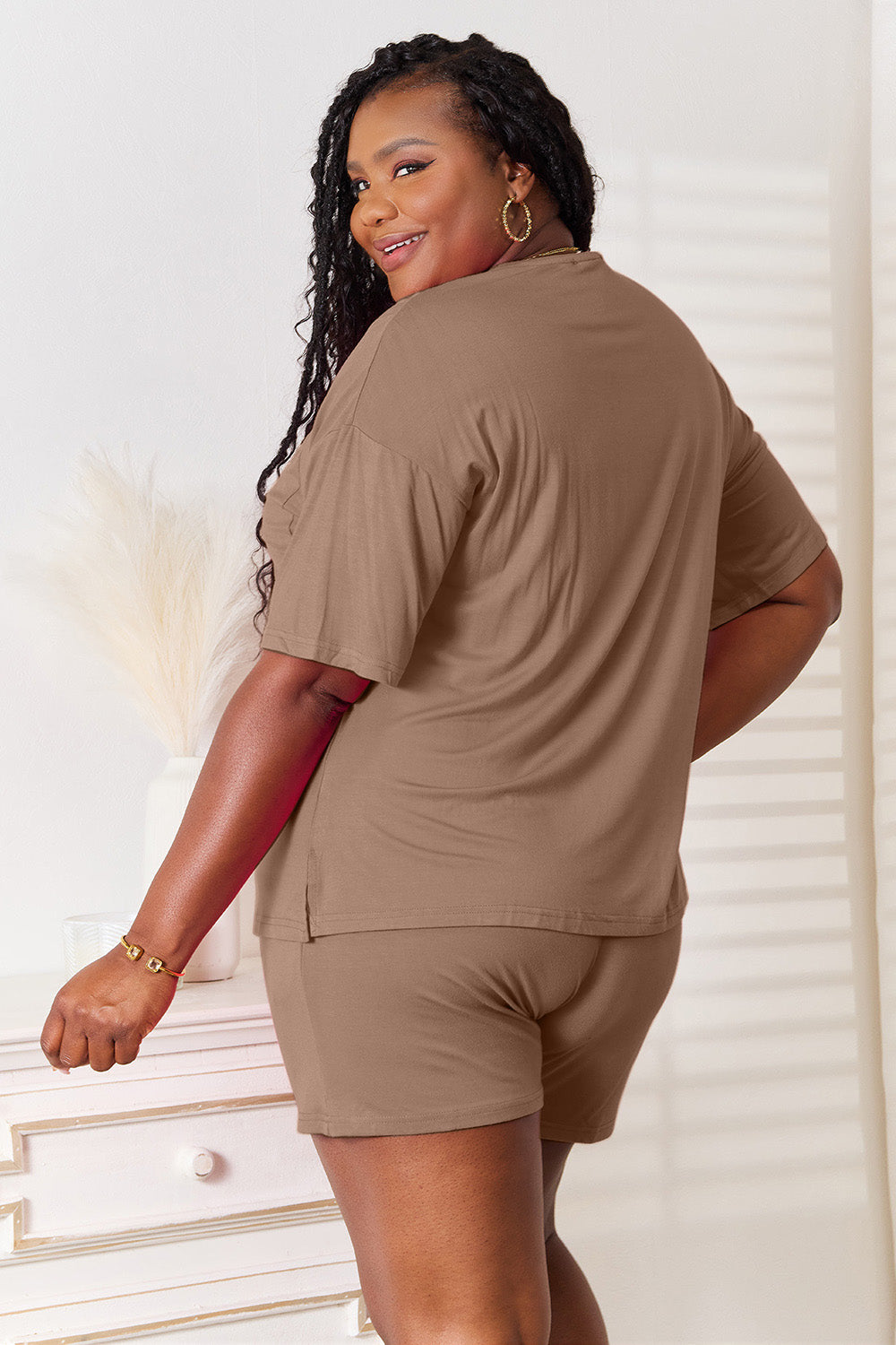 ShopBasicbae Basic Bae full size soft rayon half sleeve top and shorts set, casual loungewear with comfortable fit.