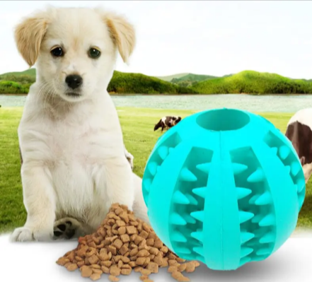 Interactive rubber dog ball by C&M Treasures, designed as a slow feeder for dogs, with textured surface for engaging play.