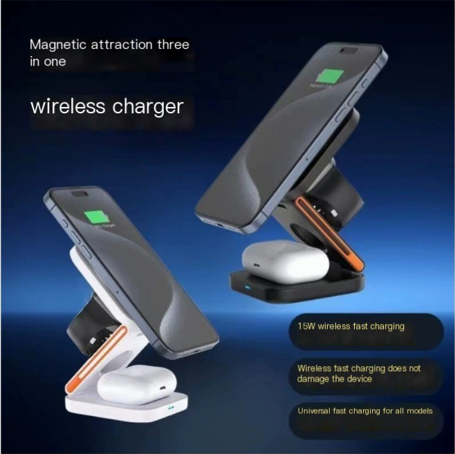 C&M Treasures 3-in-1 folding wireless charger for smartphones, earbuds, and smartwatch with compact, portable design.