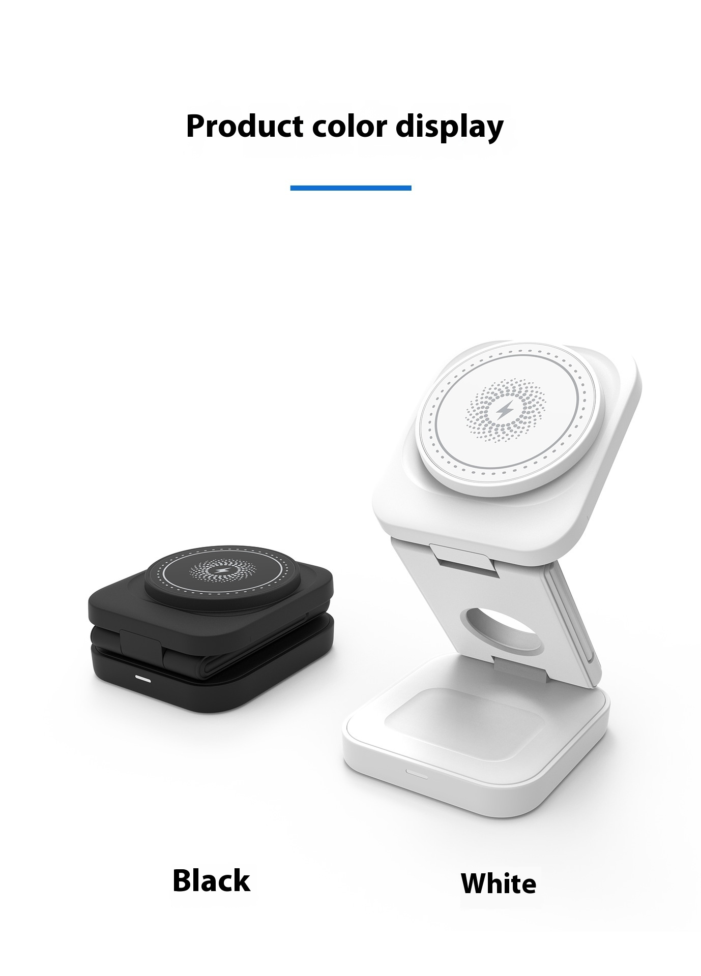 C&M Treasures 3-in-1 foldable wireless charger with multiple charging pads for smartphones, smartwatch, and earbuds on a desk