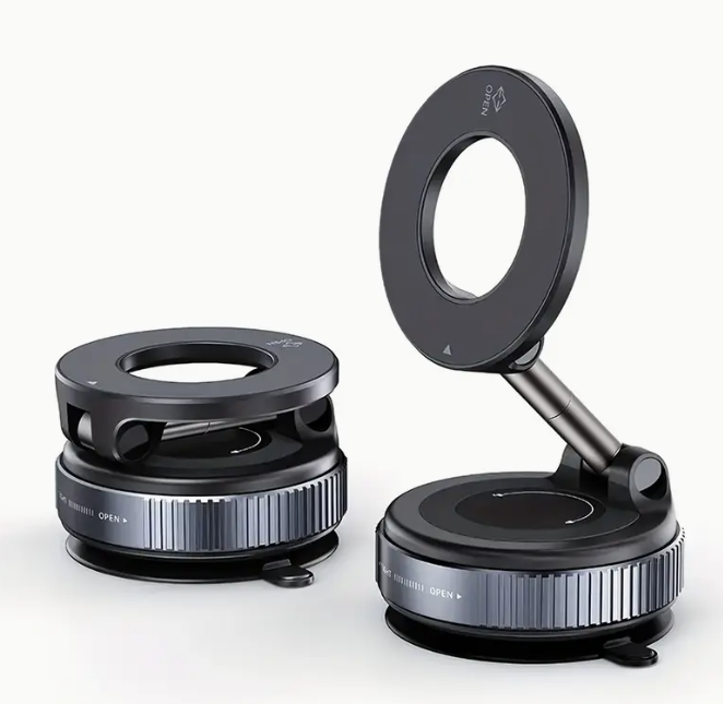 Adjustable C&M Treasures magnetic car phone holder mounted on dashboard, holding a smartphone securely.