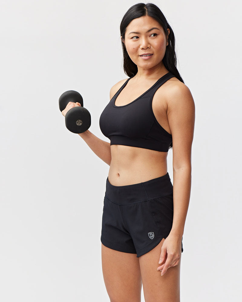 Black Excel Women's Workout Shorts by Goal Five, training shorts with a sleek solid design and comfortable fit.