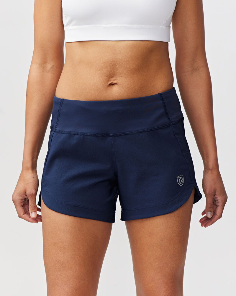 Navy Excel women's workout training shorts by Goal Five, fitted and breathable for active exercise.