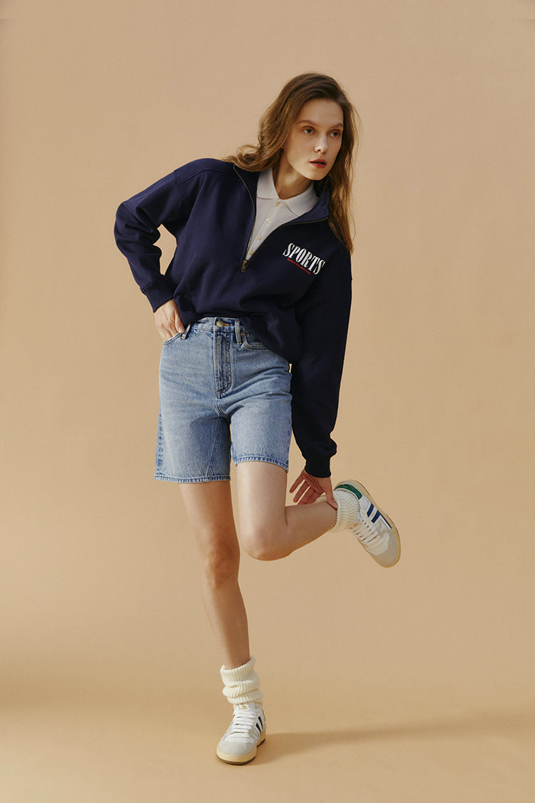 Hey Joanie Angeles High Rise Shorts in denim, front view showing classic high waist and casual fit.