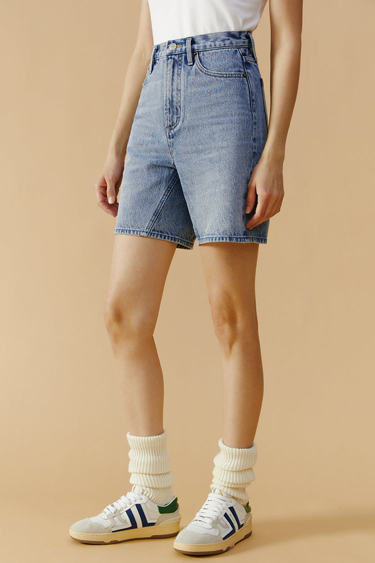 Hey Joanie Angeles High Rise Shorts in denim with distressed details, front and back view showing fit and styling.