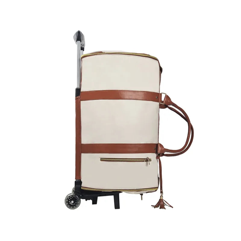 Foldable travel bag by C&M Treasures, showing its compact folded state and spacious design suitable for luggage and travel.