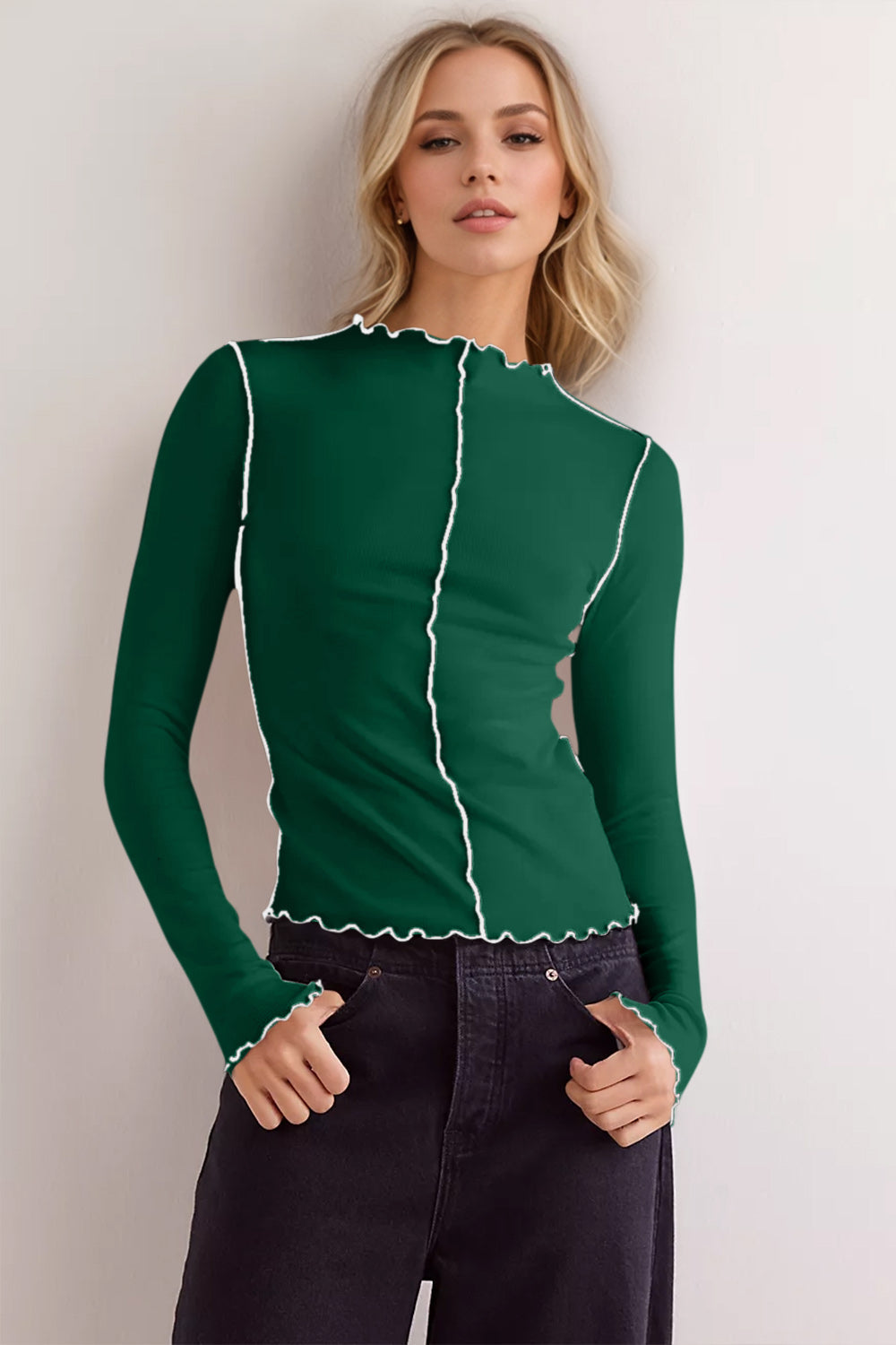 ShopBasicbae basic Bae contrast trim mock neck long sleeve T-shirt, featuring a sleek design with contrasting collar and sleeve details.