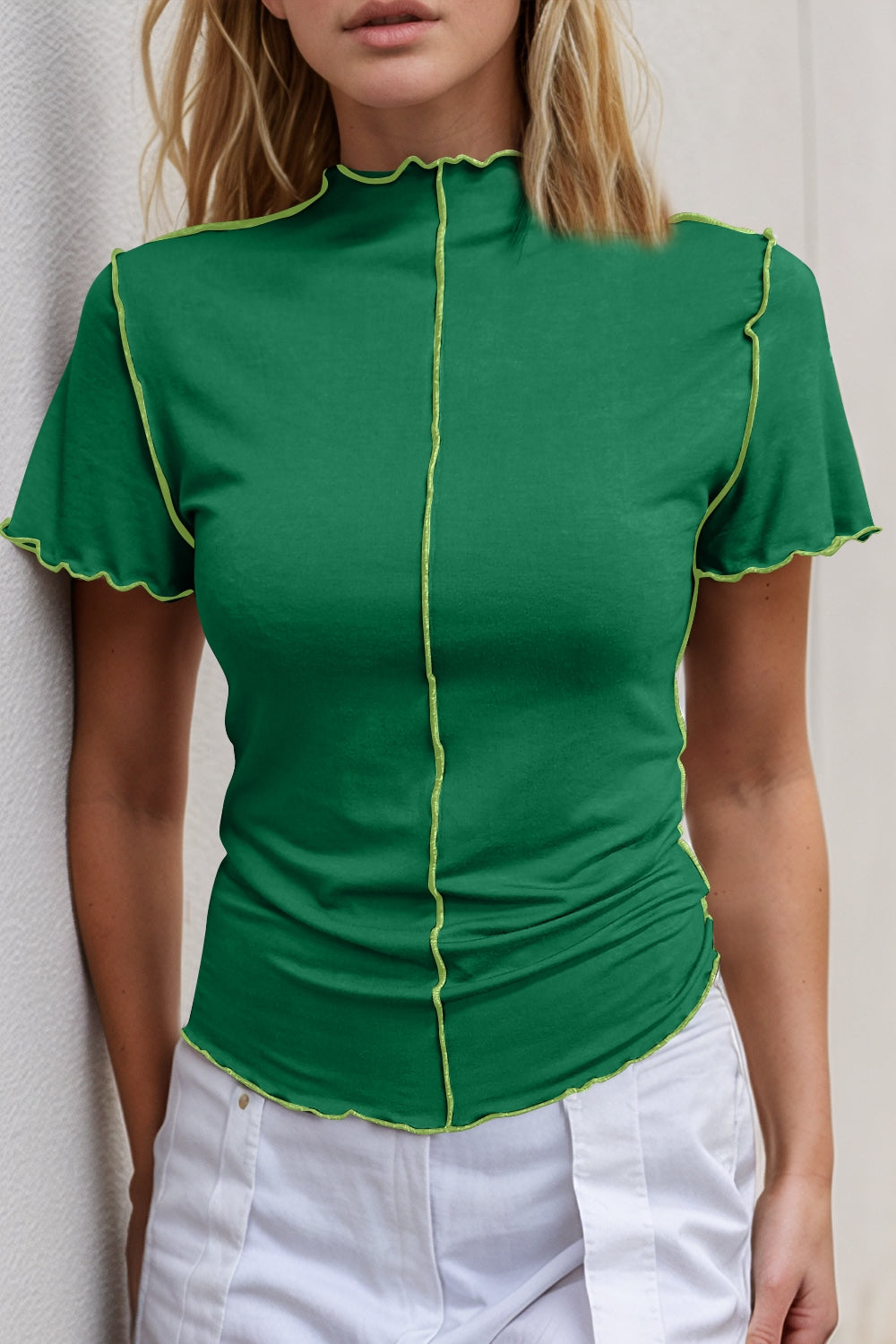 ShopBasicbae Basic Bae contrast trim mock neck short sleeve T-shirt, casual tops with a stylish contrast neckline and trim detail.