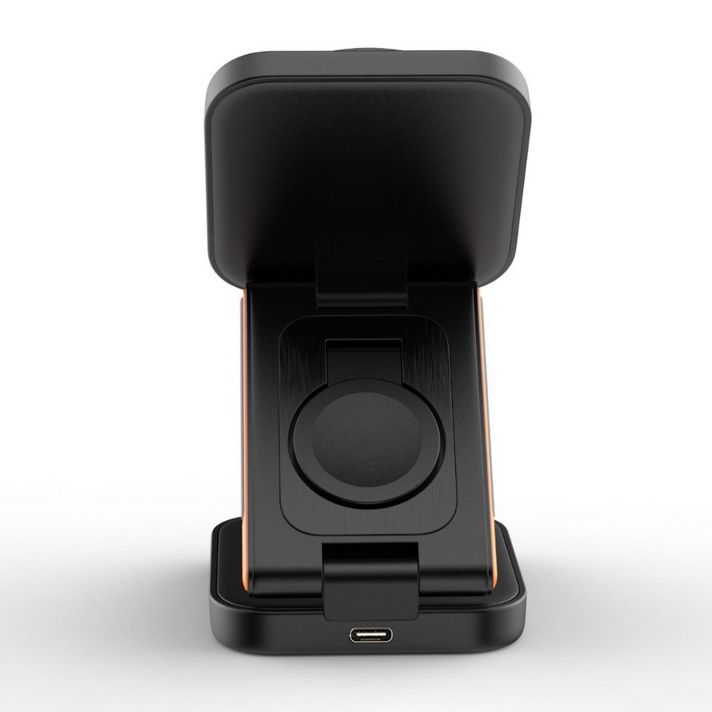 C&M Treasures 3-in-1 folding wireless charger with phone, smartwatch, and earbuds charging pads on a white surface.
