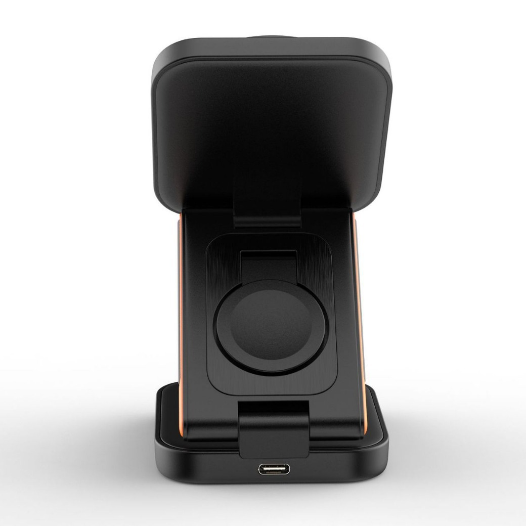 C&M Treasures 3-in-1 folding wireless charger with phone, smartwatch, and earbuds charging pads on a white surface.