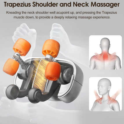 C&M treasures neck and shoulder massage pillow showing ergonomic design with soft padding and adjustable straps for relaxation.