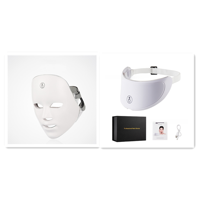 C&M Treasures LED therapy face mask for skin rejuvenation showing a user wearing a red LED mask on the face.