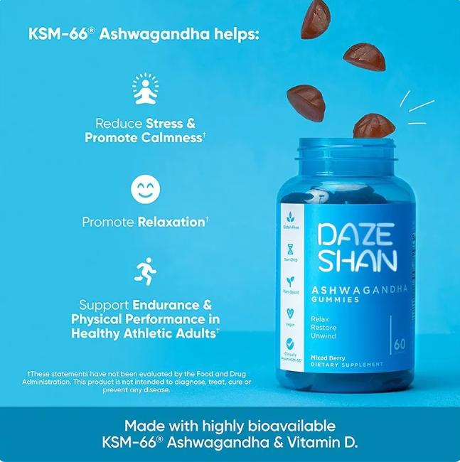 C&M Treasures Calm Boost Ashwagandha Gummies in a clear container with colorful gummies for stress relief and relaxation.