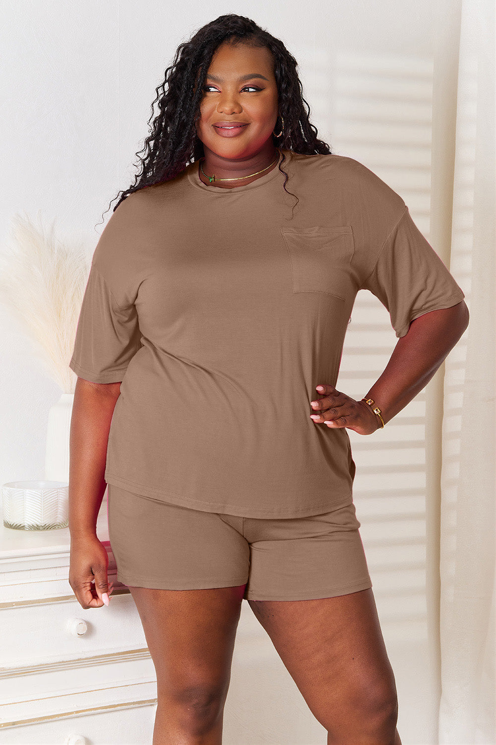 ShopBasicbae Basic Bae soft rayon half sleeve top and shorts set, full-size loungewear with comfortable fabric and relaxed style.