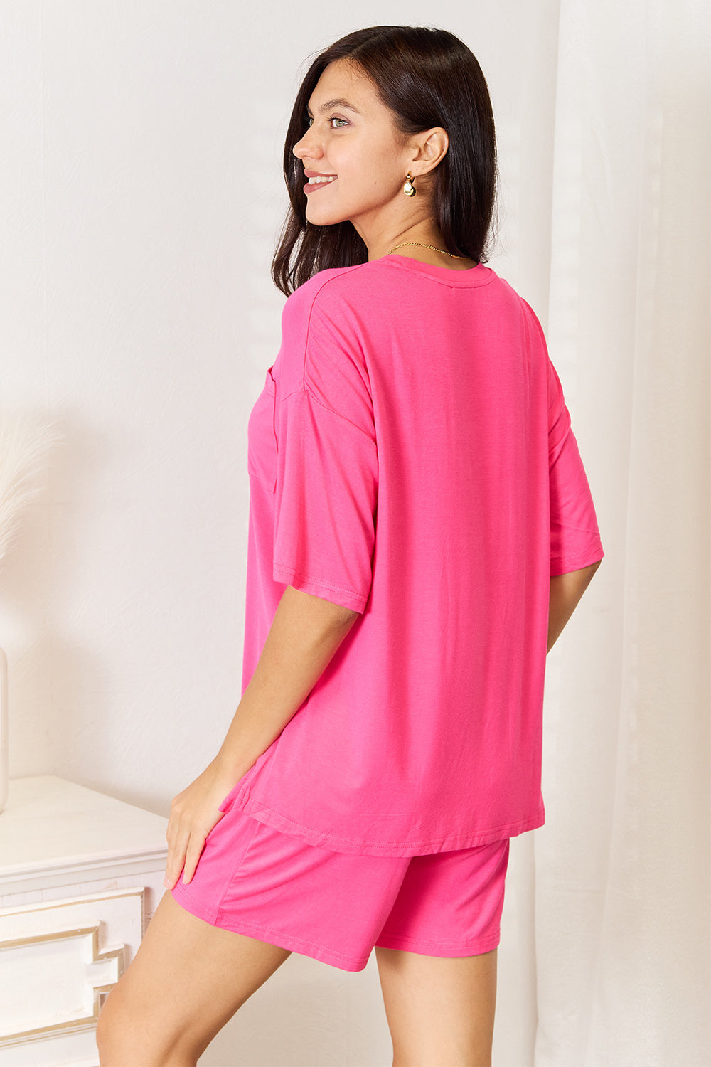 Basic Bae soft rayon half sleeve top and shorts set, casual loungewear with a relaxed fit and comfortable fabric.