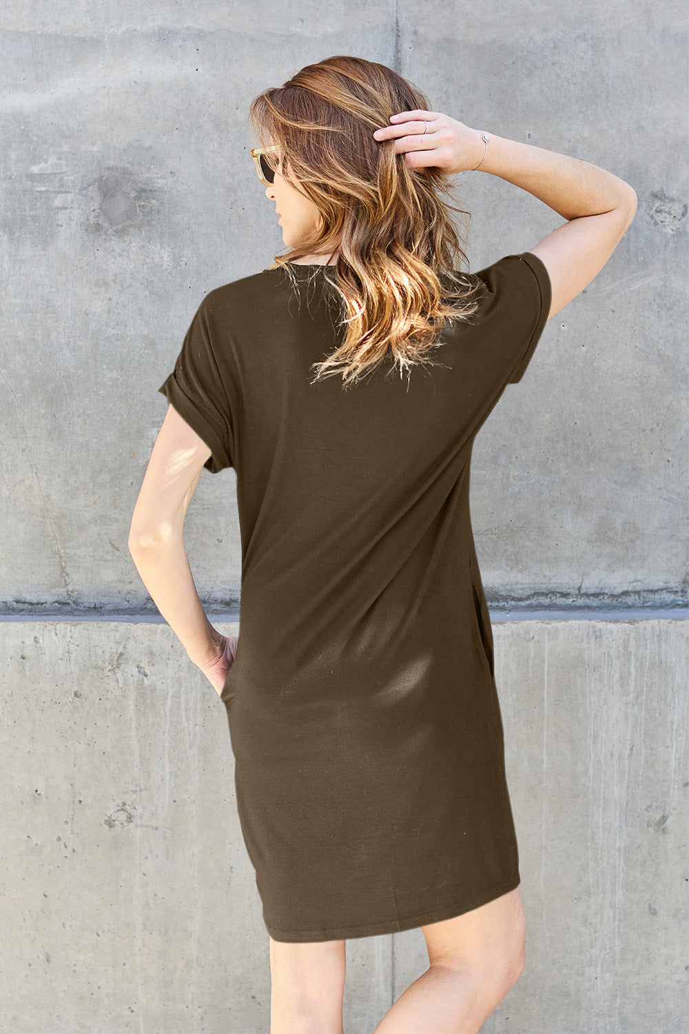 ShopBasicbae Basic Bae round neck short sleeve dress with pockets, casual style in a full size, lightweight fabric.