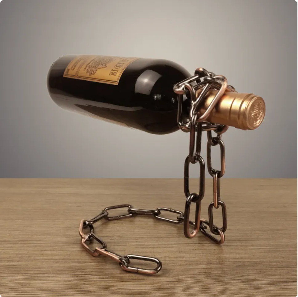 Metal suspension chain wine rack holder by C&M Treasures, showcasing a sturdy chain design for hanging wine bottles.