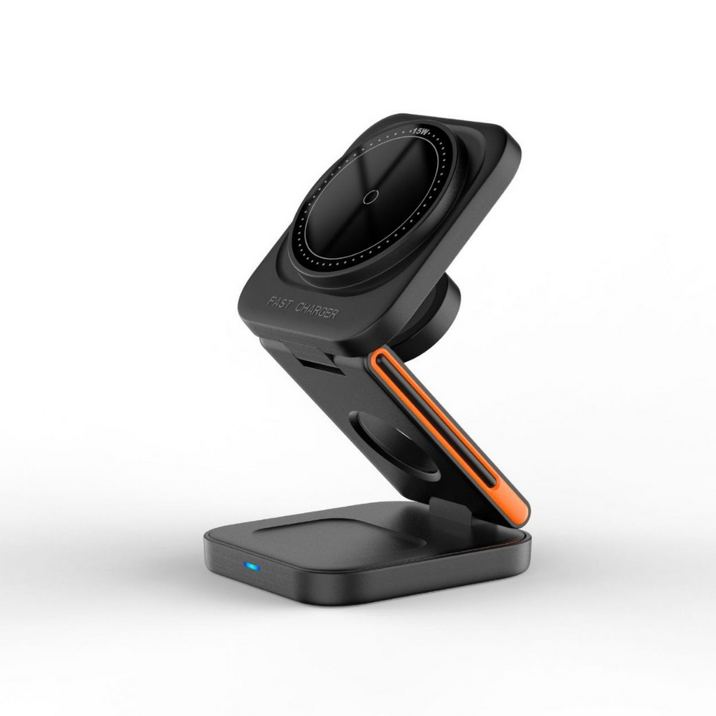 C&M treasures 3-in-1 folding wireless charger with multiple device charging ports and compact design.