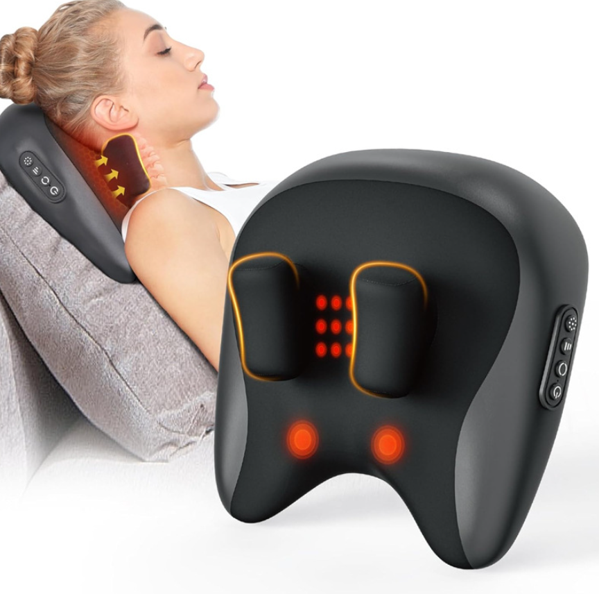 C&M Treasures Neck and Shoulder Massage Pillow showing plush, ergonomic design with built-in massage nodes for relaxation.