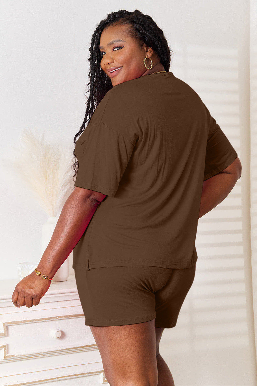 ShopBasicbae basic Bae soft rayon half sleeve top and shorts set, featuring a comfortable, casual loungewear look in the image.