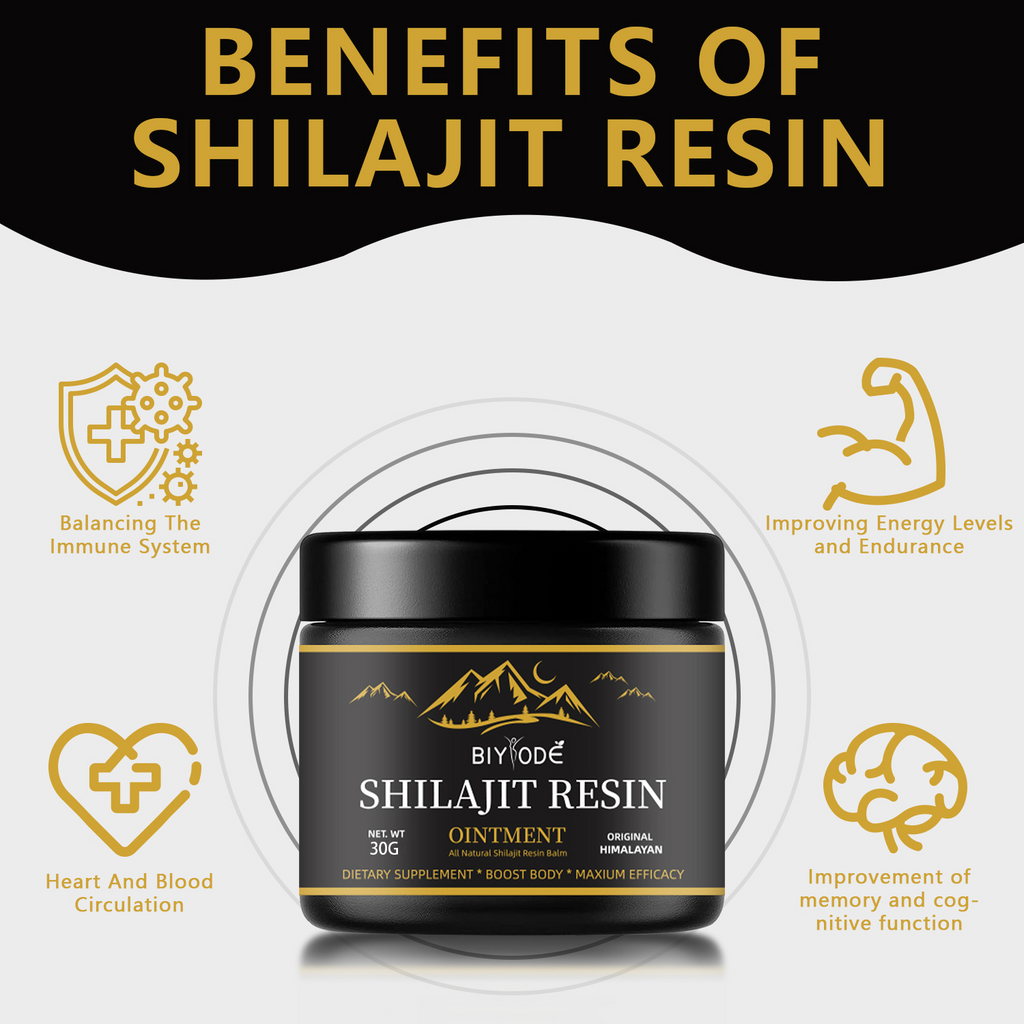 Natural pure Shilajit resin in a 30g package by C&M Treasures, showing the dark, sticky mineral substance in a glass jar.