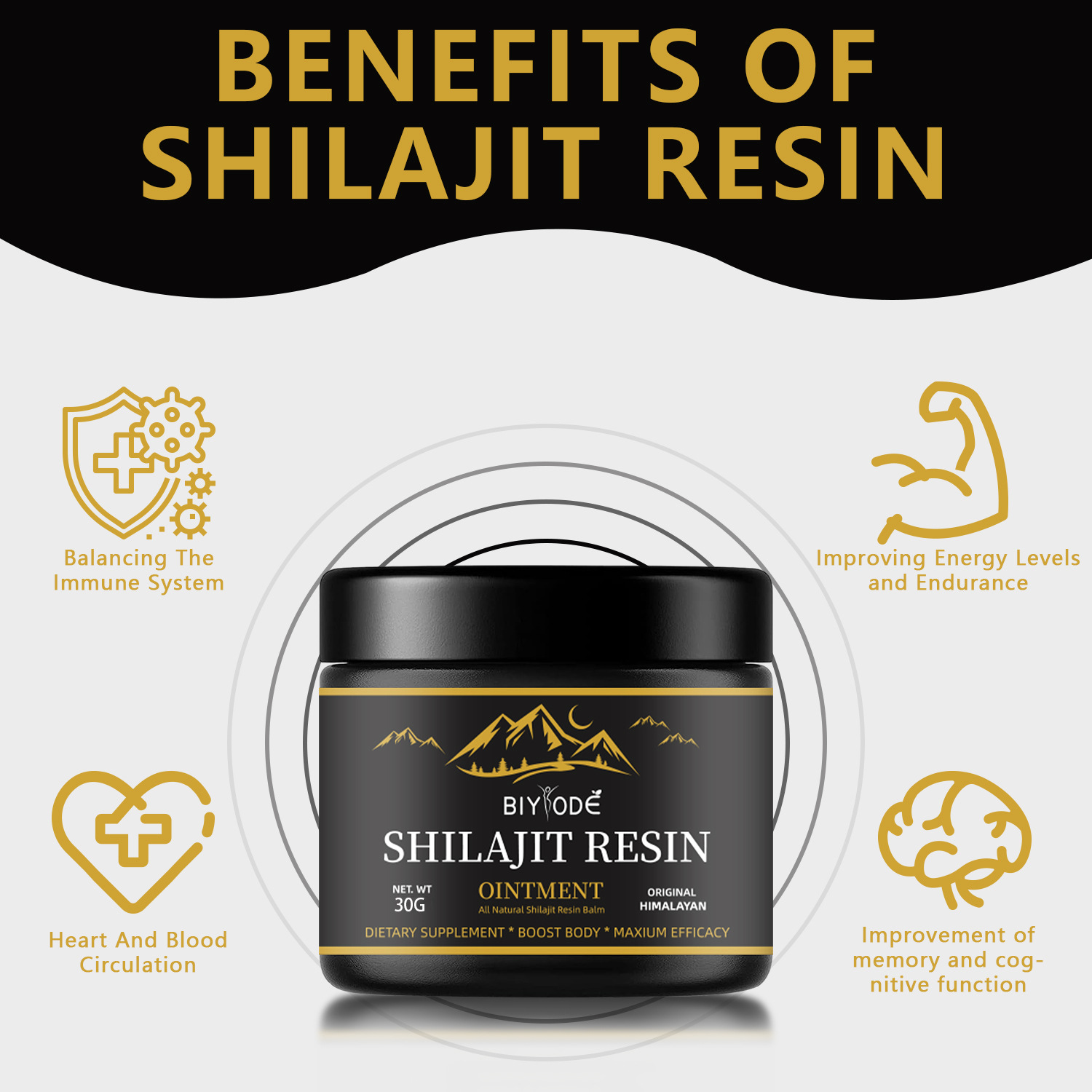 Natural pure Shilajit resin in a 30g package by C&M Treasures, showing the dark, sticky mineral substance in a glass jar.