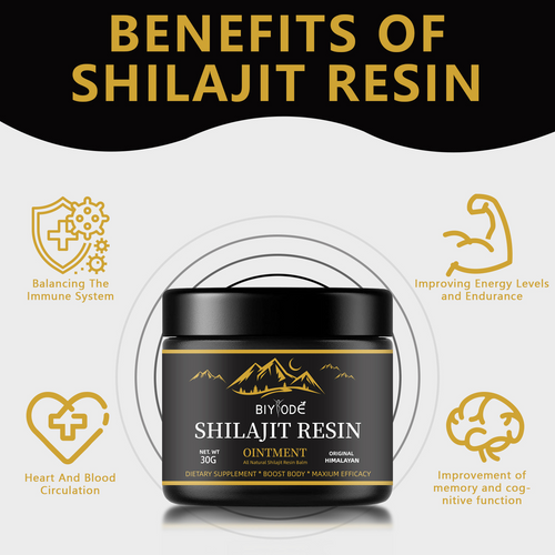 Natural pure Shilajit resin in a 30g package by C&M Treasures, showing the dark, sticky mineral substance in a glass jar.