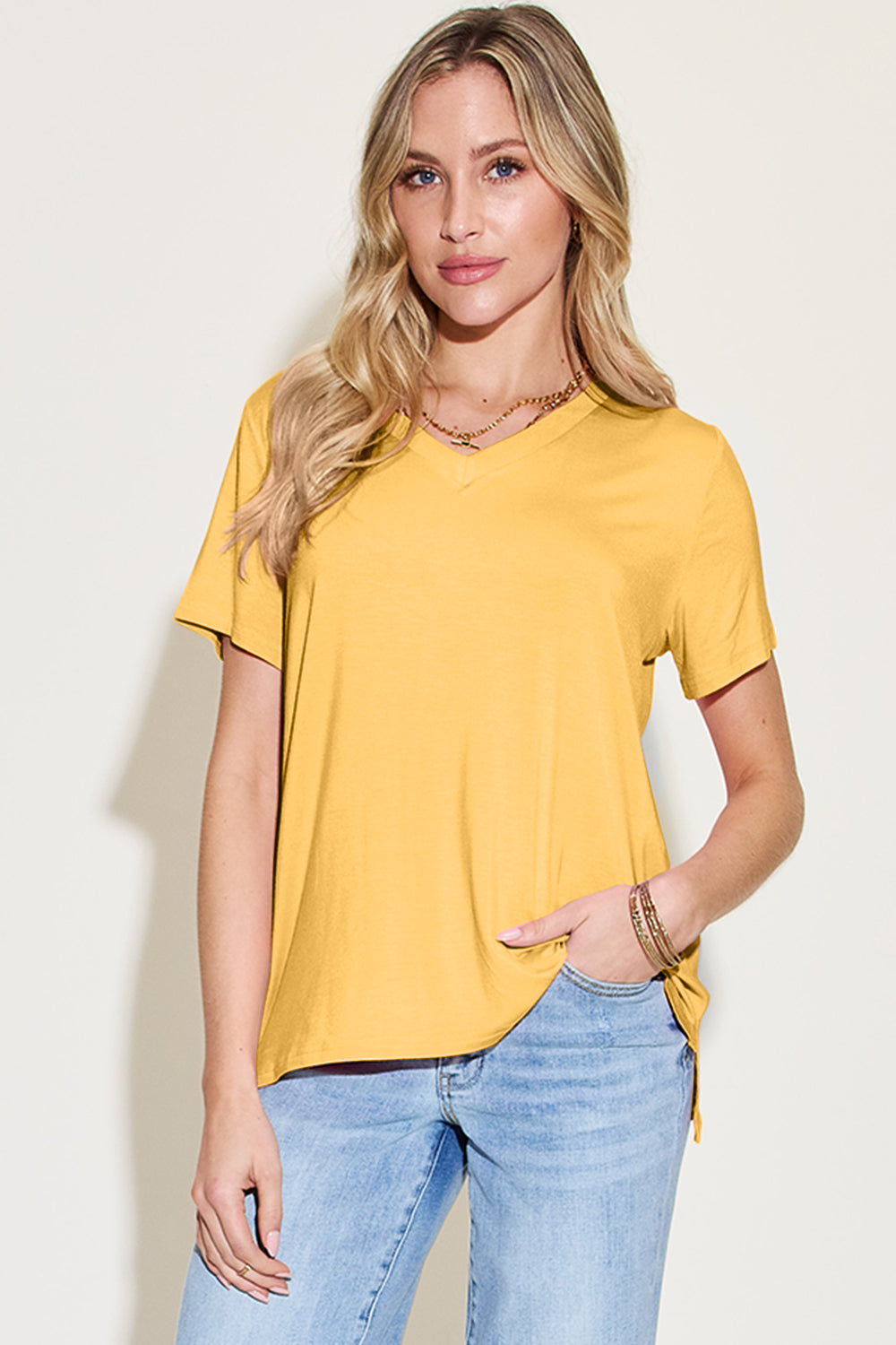 ShopBasicbae bamboo V-neck high-low T-shirt, full-size basic Bae tops with a relaxed fit and stylish design.
