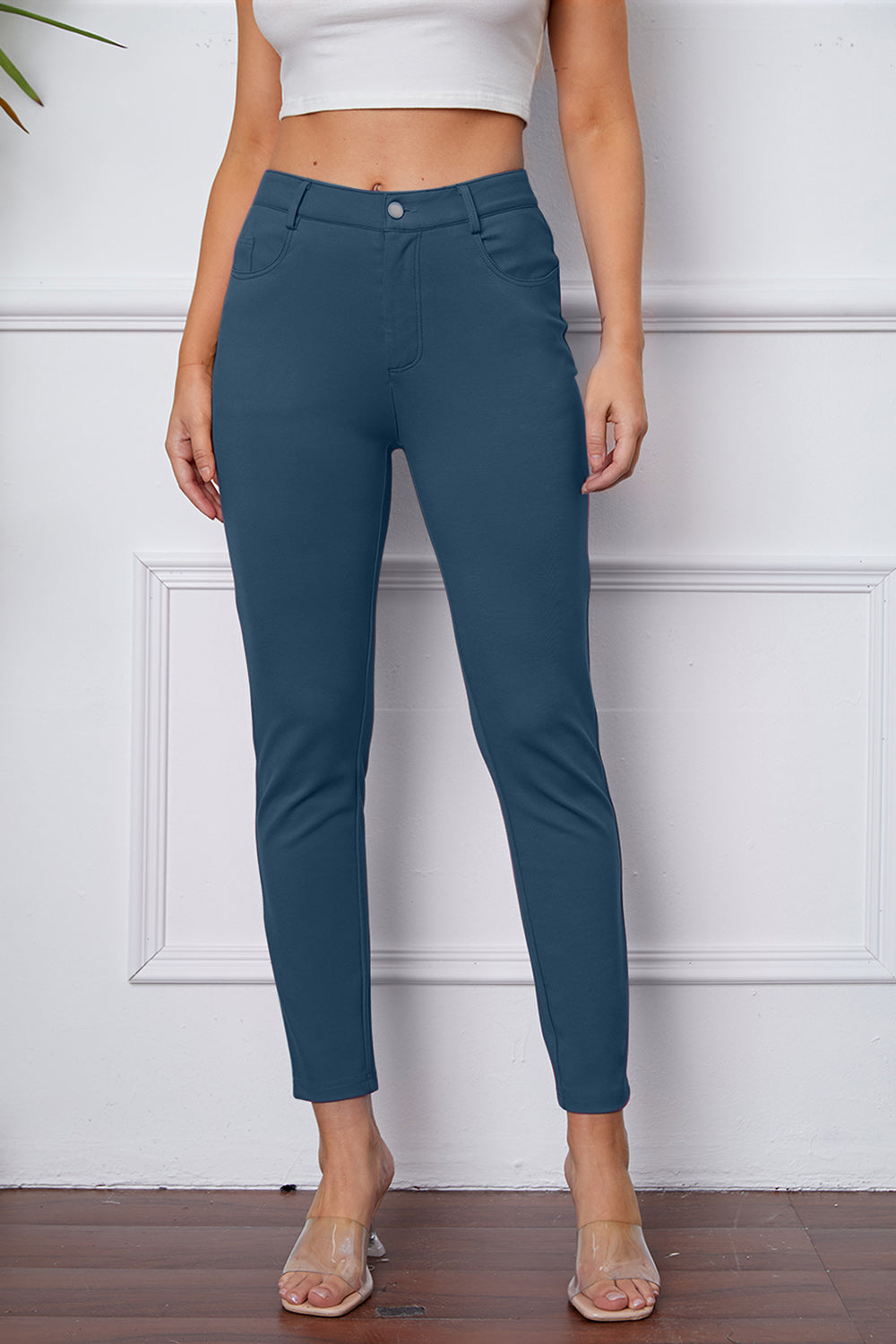 StretchyStitch Pants by Basic Bae, stylish and comfortable stretchy bottoms in neutral fabric, showcased on a model.