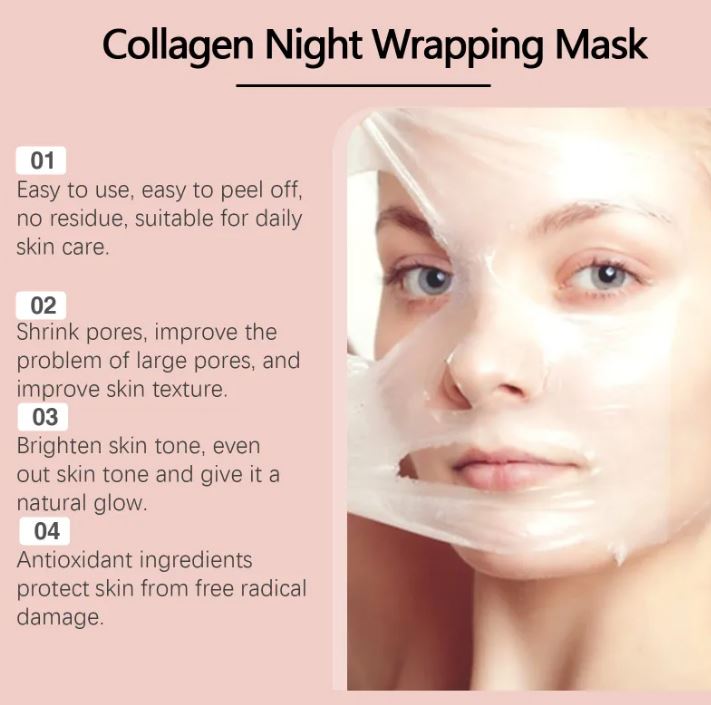 C&M Treasures Hydrating Collagen Peel-Off Mask applied to skin, showcasing a bright, smooth complexion with a clear, glowing appearance