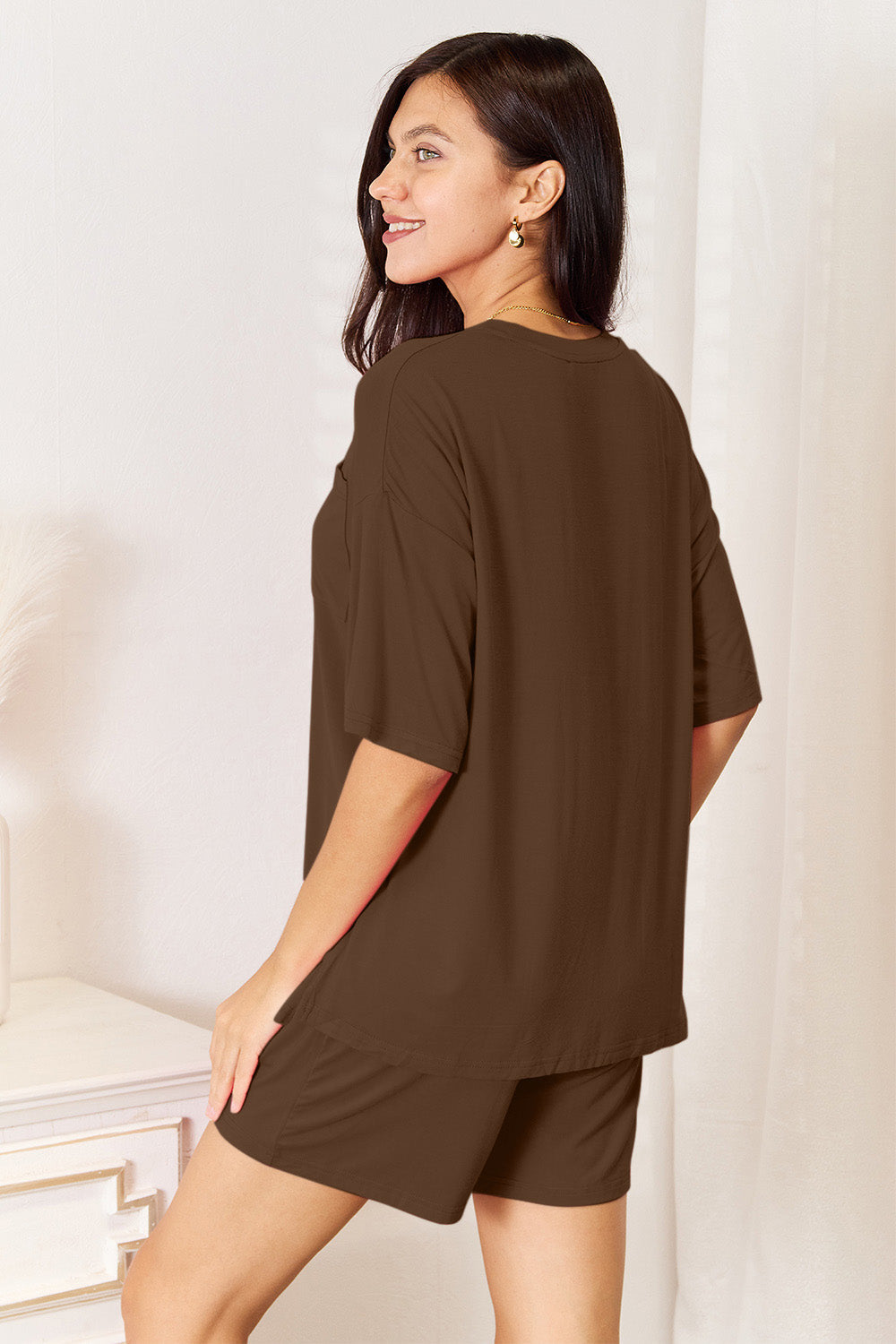 ShopBasicbae Basic Bae soft rayon half sleeve top and shorts set, full size, lightweight and comfortable lounge wear.