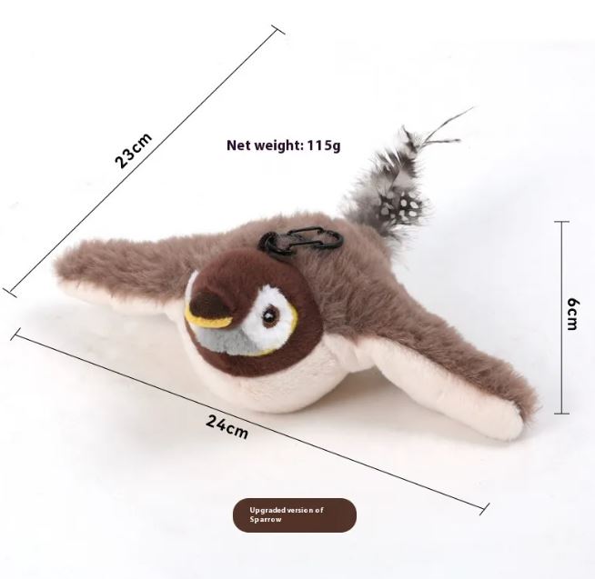 C&M Treasures flapping bird cat toy with colorful feathers and moving wings for feline play and entertainment.
