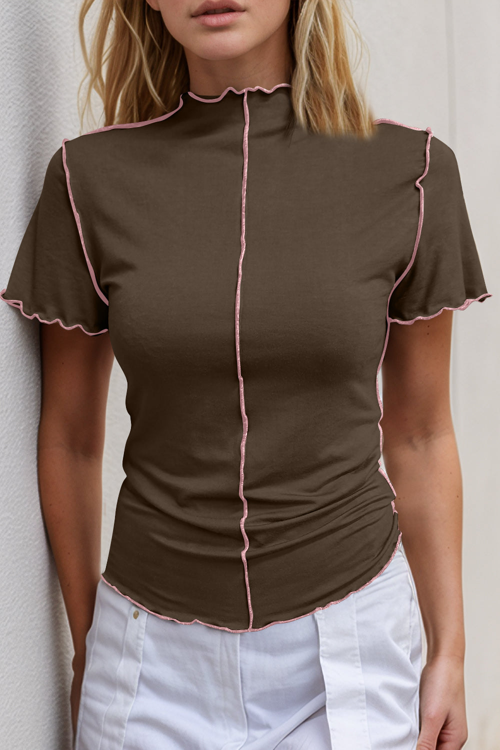 ShopBasicbae Basic Bae contrast trim mock neck short sleeve T-shirt, casual tops with stylish design and comfortable fit.