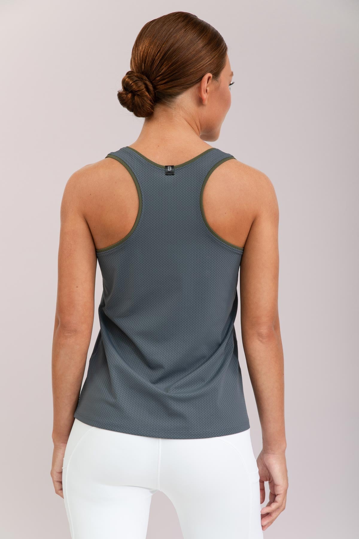 Gray Diamond Tech Tank shirt by BOTORI Equestrian, showing the back view with diamond-patterned fabric and sleeveless design.