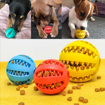 C&M treasures interactive rubber slow feeder dog ball with textured surface for mental stimulation and slow feeding.