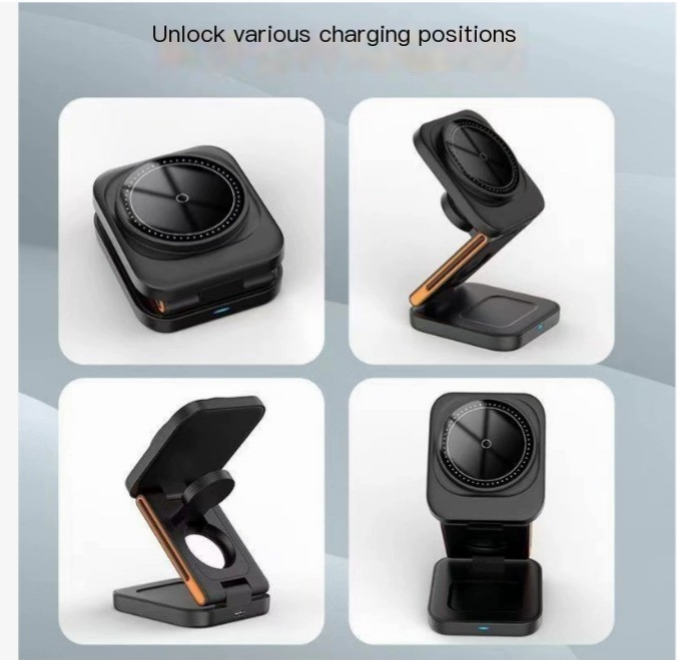 C&M Treasures 3-in-1 folding wireless charger with three charging pads for phones, earbuds, and smartwatch on a white surface.