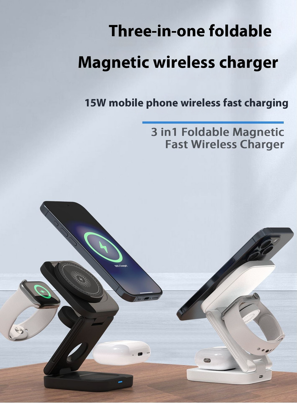 C&M Treasures 3-in-1 foldable wireless charger with phone, smartwatch, and earbuds charging pads, portable and space-saving design