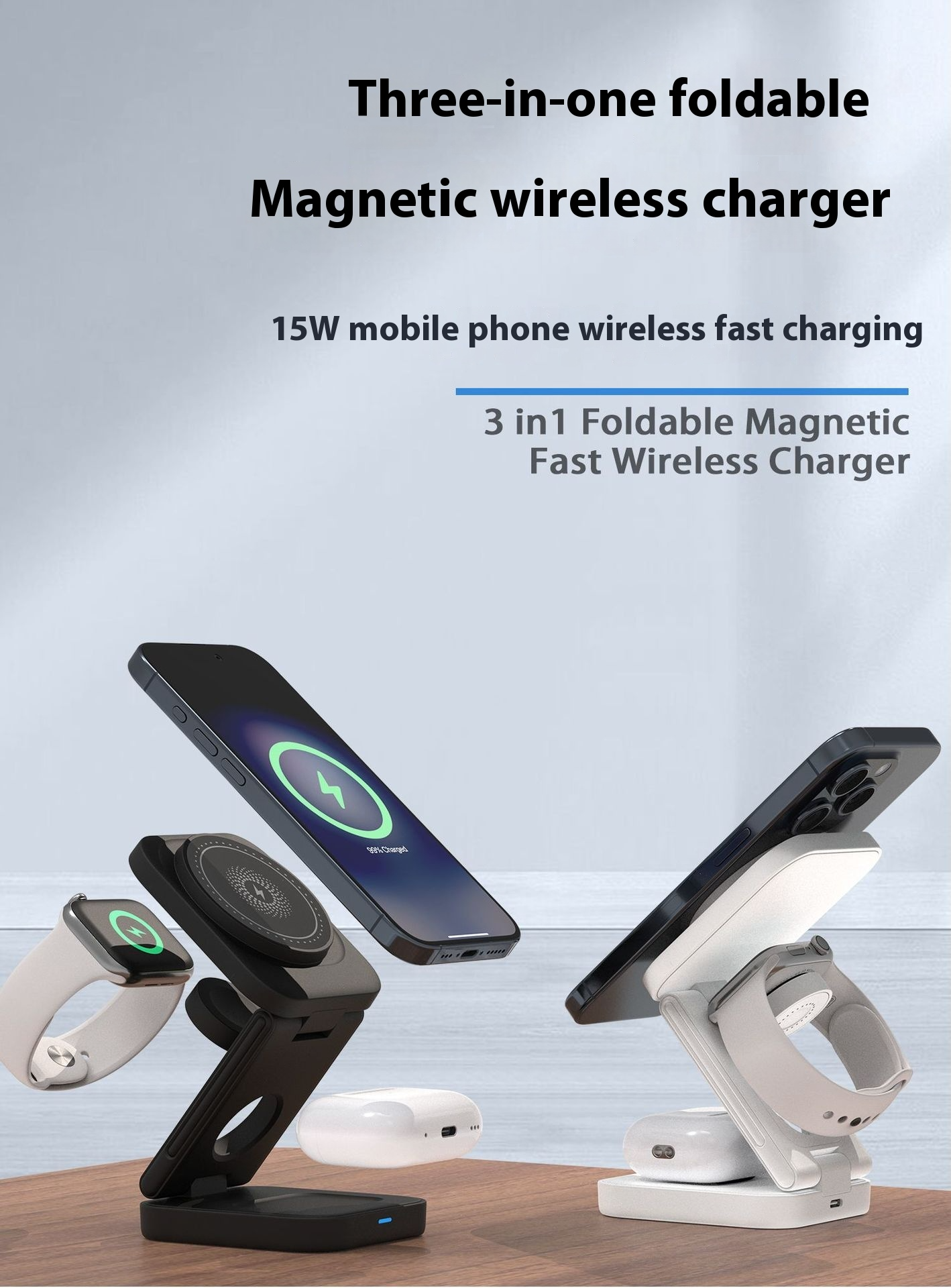 C&M Treasures 3-in-1 foldable wireless charger with phone, smartwatch, and earbuds charging pads, portable and space-saving design