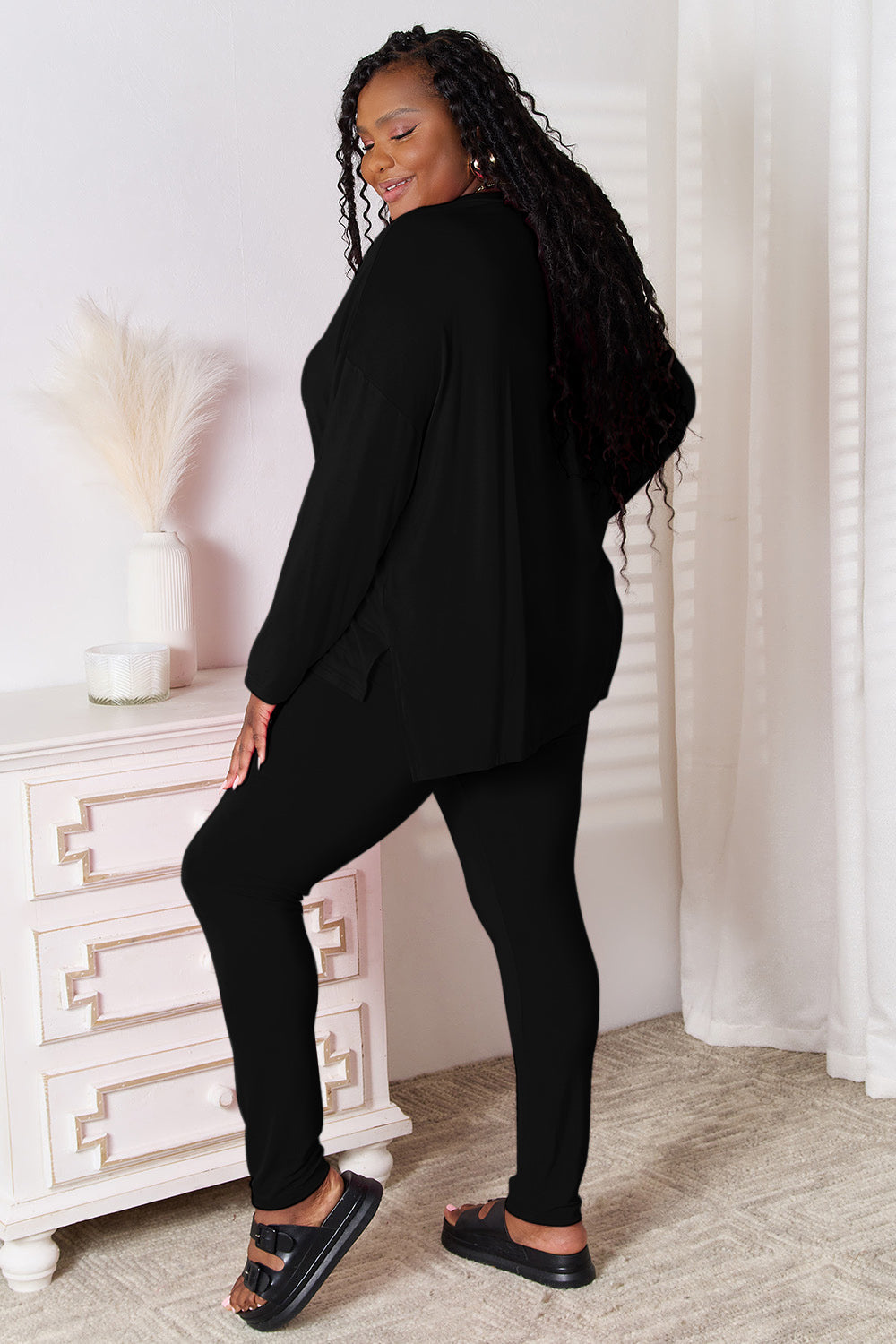 Basic Bae bamboo lounge set with full-size v-neck long sleeve top and matching pants, made of soft, eco-friendly bamboo fabric.