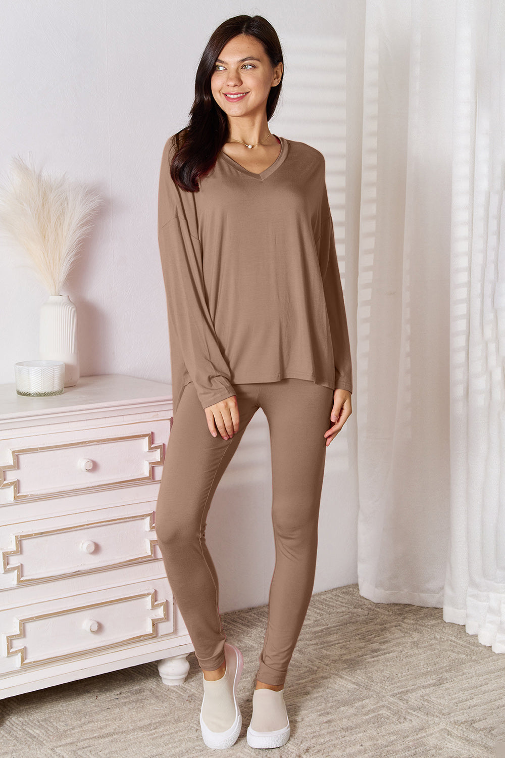 ShopBasicbae women's lounge set with soft rayon v-neck long sleeve top and matching pants, comfortable and casual sleepwear.