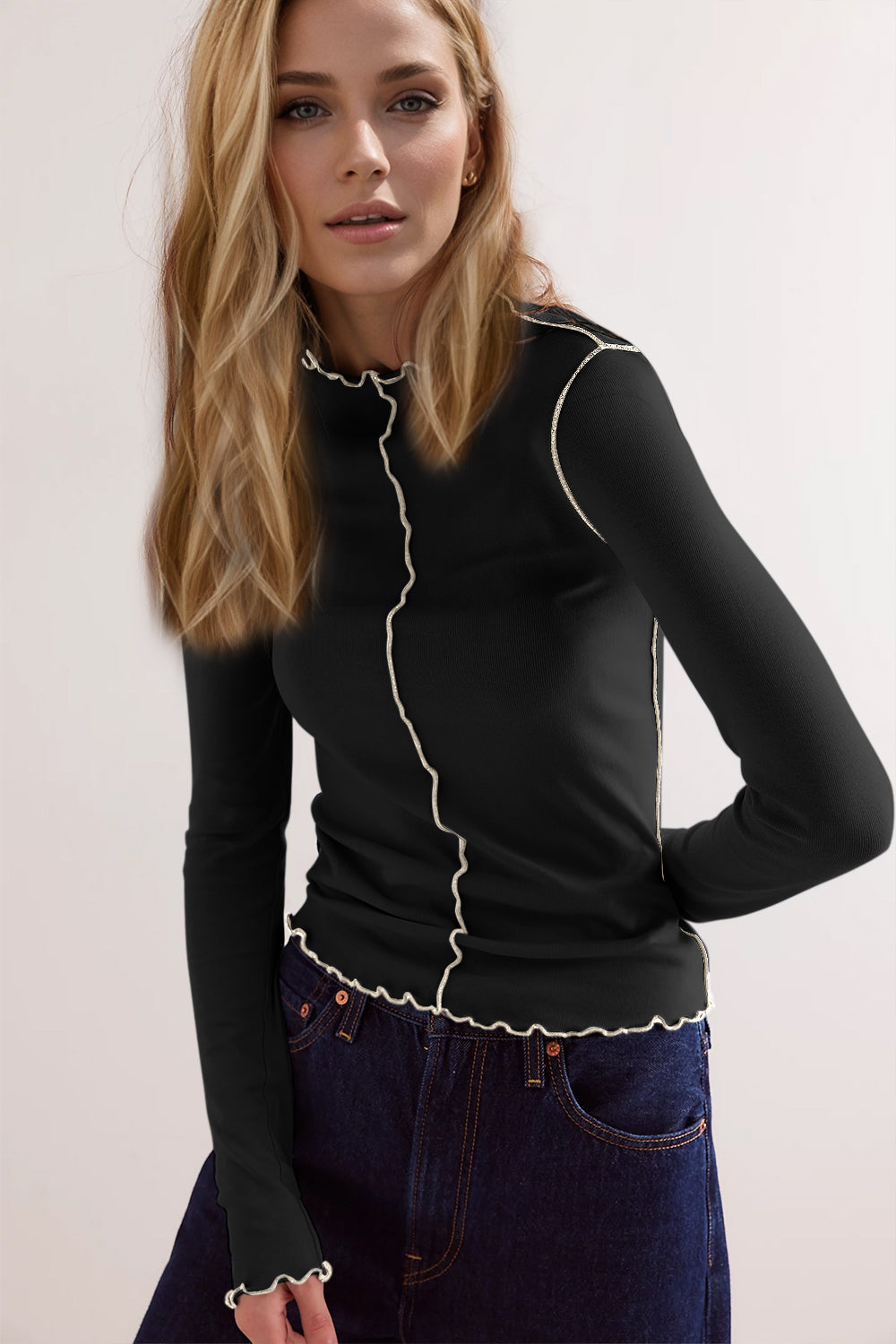 ShopBasicbae contrast trim mock neck long sleeve T-shirt, basic Bae tops in black with white trim, close-up of fabric and design details.