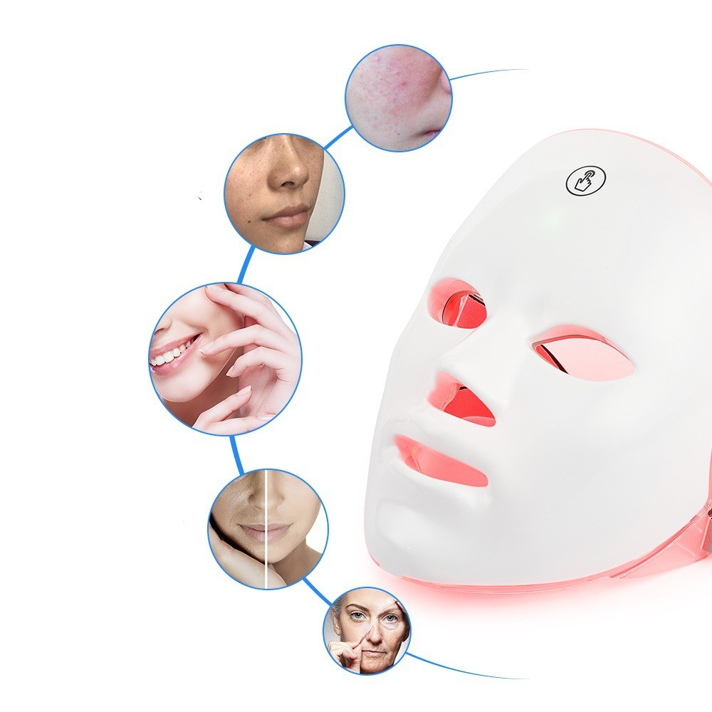 C&M treasures LED therapy face mask for skin rejuvenation, showing a white mask with red and blue LED lights on a woman's face