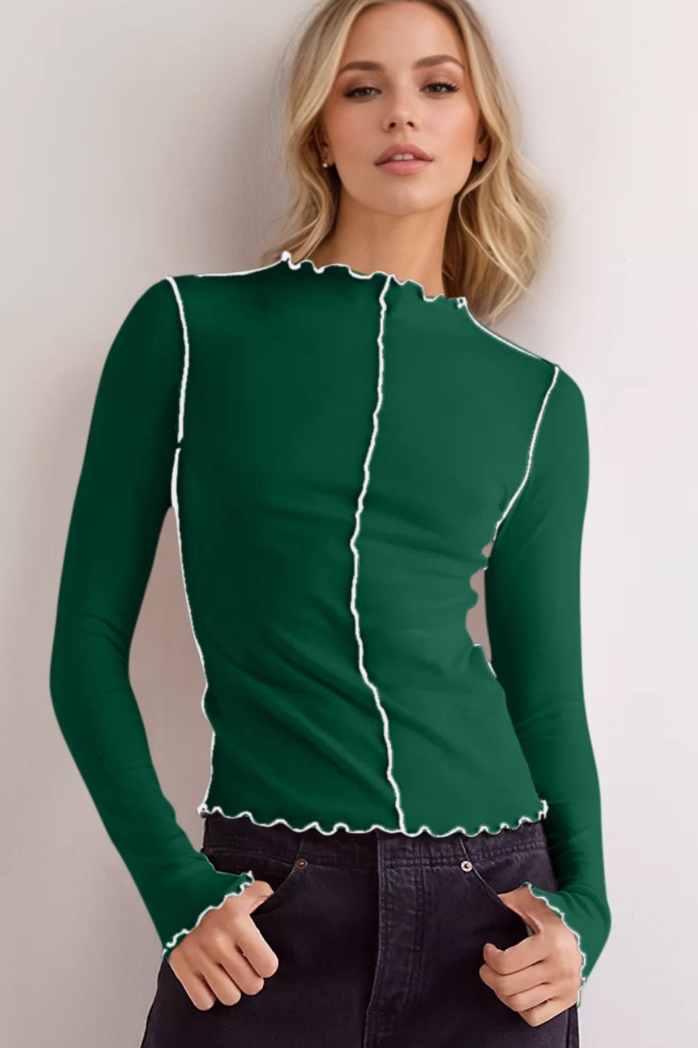 ShopBasicbae Basic Bae contrast trim mock neck long sleeve T-shirt, featuring a fitted design with contrasting trim details.