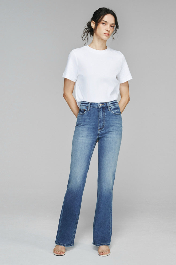 Hey Joanie Barbara high rise bootcut jeans, front view showcasing classic denim style and fit.